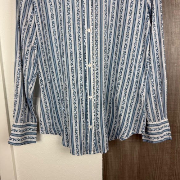Nili Lotan Blue White Floral Striped Kate Button Down Shirt Blouse Womens Medium
